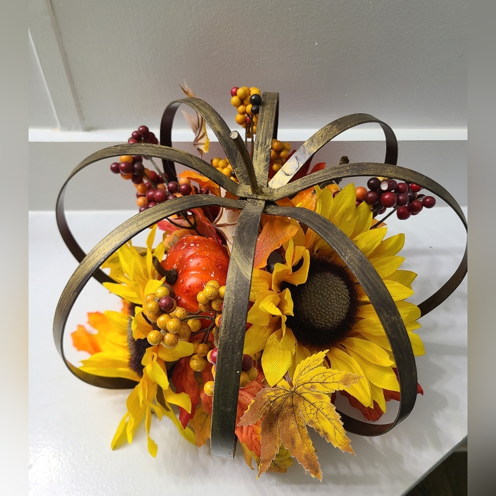 Metal Pumpkin Distressed with Fall Decor Sunflowers, 12 in Wide/9 in High